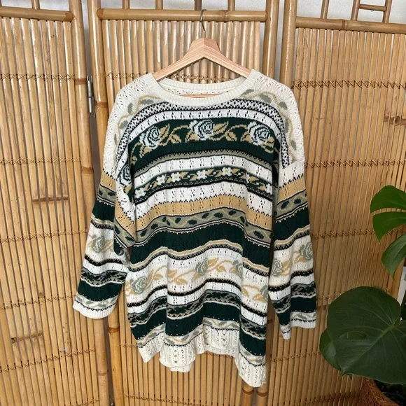 Vintage Handmade Oversized Green & White Floral Stripe Grandpa Pullover Sweater - Picture 5 of 6